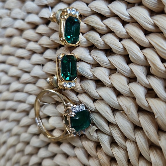 Joseph Esposito Signed CZ 14K Electroplate Matching Ring & Earrings Vintage - Picture 5 of 7